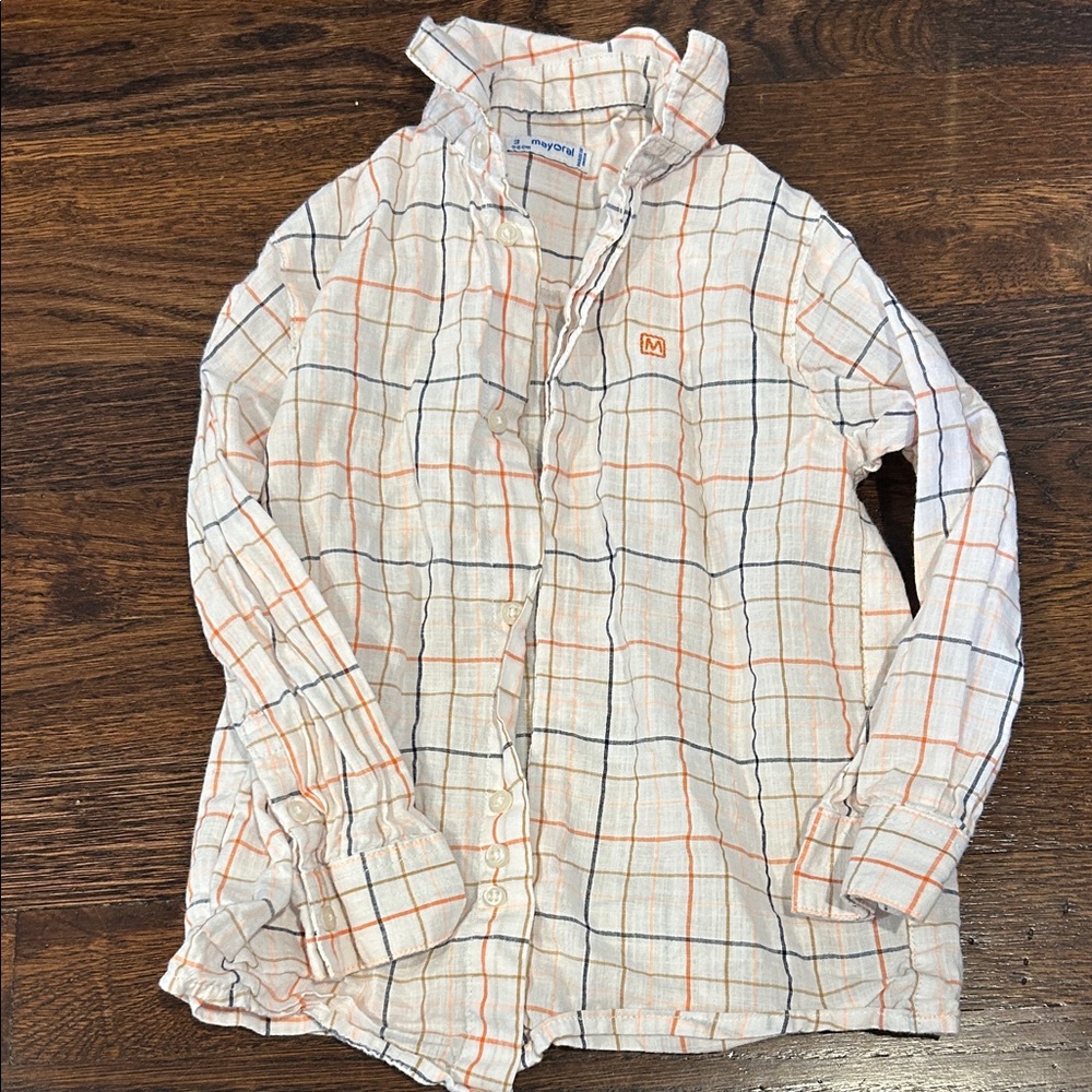 Mayoral White and Orange Plaid Button Down Shirt